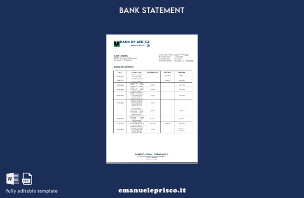 modello word di estratto conto bancario della Banca d'Africa del Madagascar in s